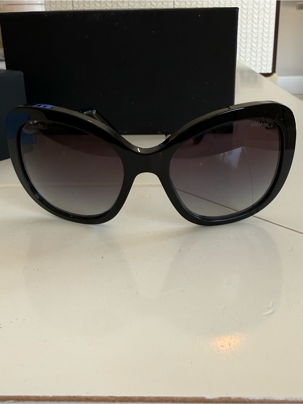 CHANEL Black Oversized Butterfly Sunglasses with Gradient Gray Lenses